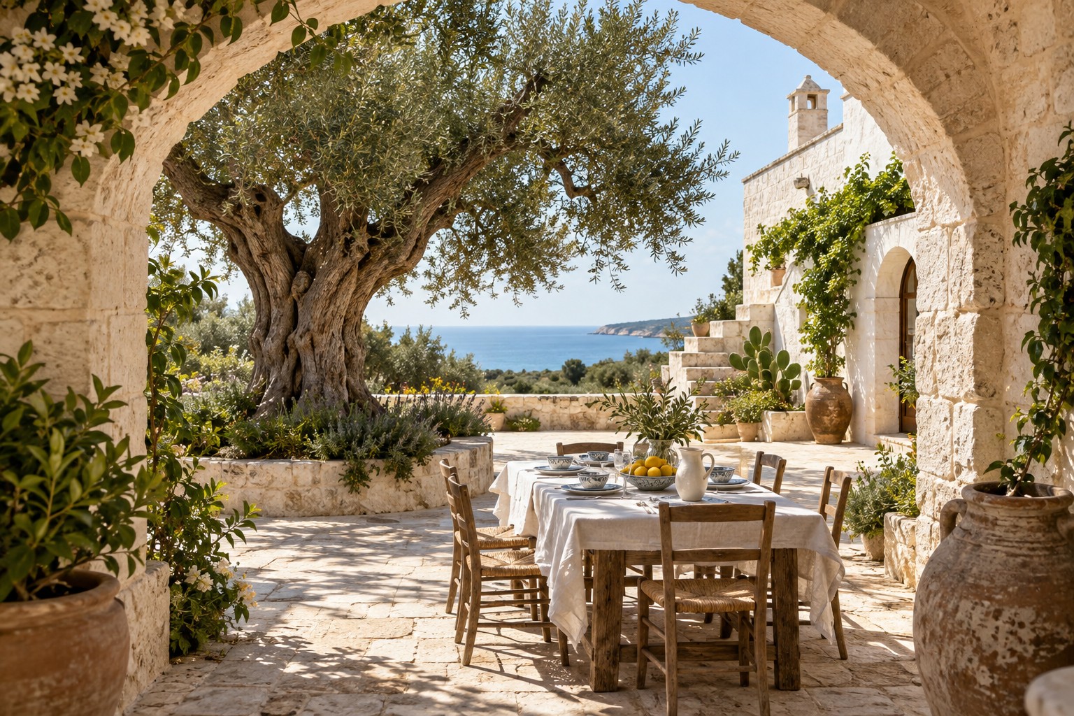 Mediterranean masseria courtyard with an olive tree and a table set for lunch; illustrative image