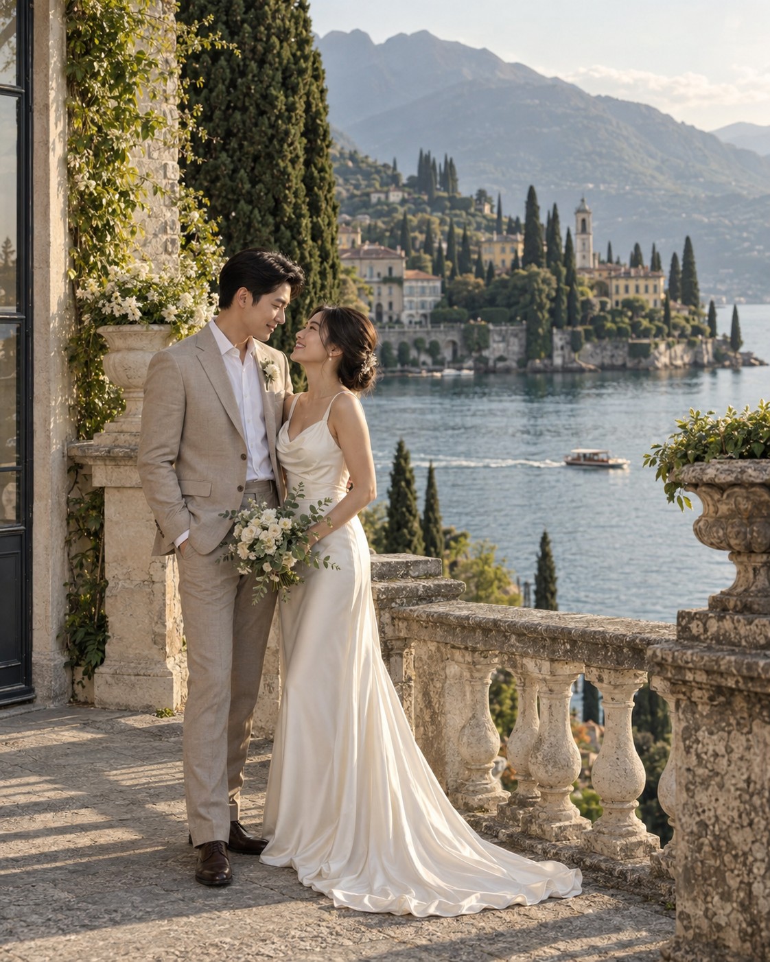 An Asian bride and groom during a photoshoot on Lake Como; illustrative image